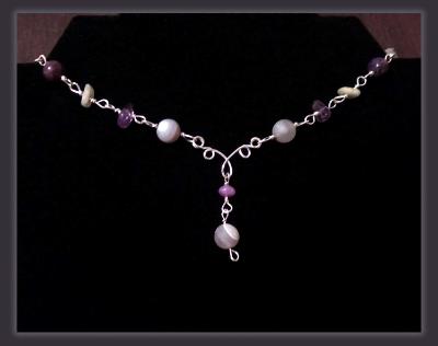 Fancy Wire Wrap Gray Line Agate and Charoite Necklace