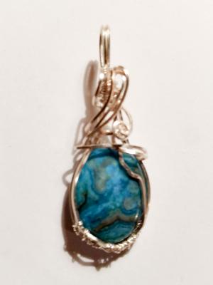 Larimar Blue Crazy Lace Agate Wire Wrapped Pendant- Small
