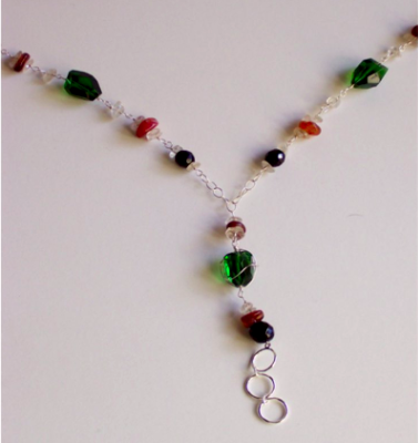 Wire Wrap Lanyard Necklace// Green and Black Czech Glass with Carnelian and Jade Beads. Wire Wrap Lanyard Necklace// Green and Black Czech Glass with Carnelian and Jade Beads.