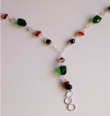 Wire Wrap Lanyard Necklace// Green and Black Czech Glass with Carnelian and Jade Beads.