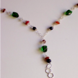 Wire Wrap Lanyard Necklace// Green and Black Czech Glass with Carnelian and Jade Beads.